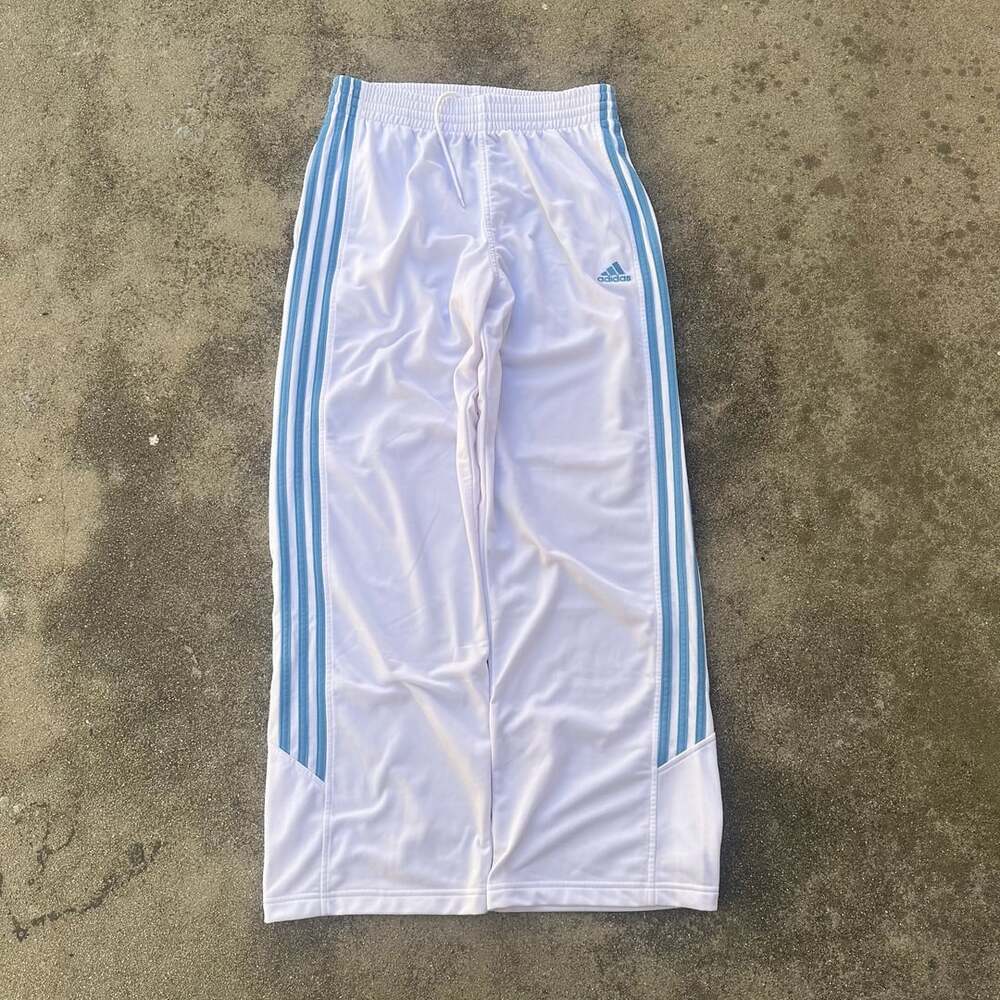 Adidas White And Blue Three Stripe Wide Leg Track Pants